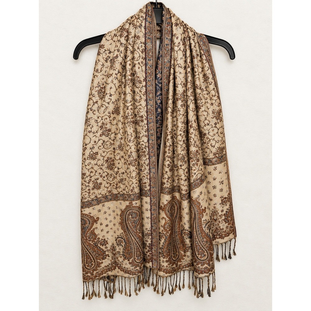 Reversible Paisley Pashmina Scarf Shawl Navy Blue Beige Fringe 70" Boho